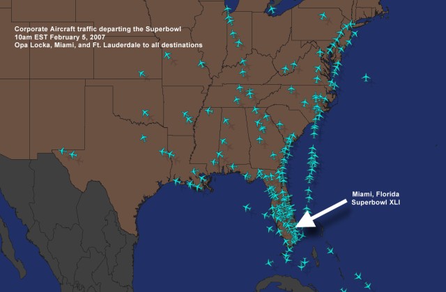 picture of private jets leaving Miami after the superbowl